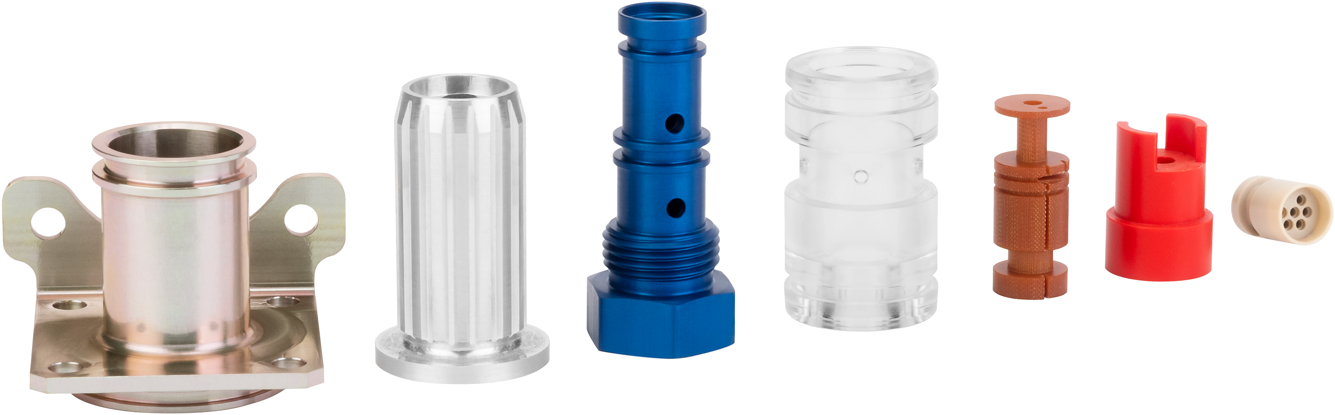 Row of turned machined parts in various plastic and metal materials