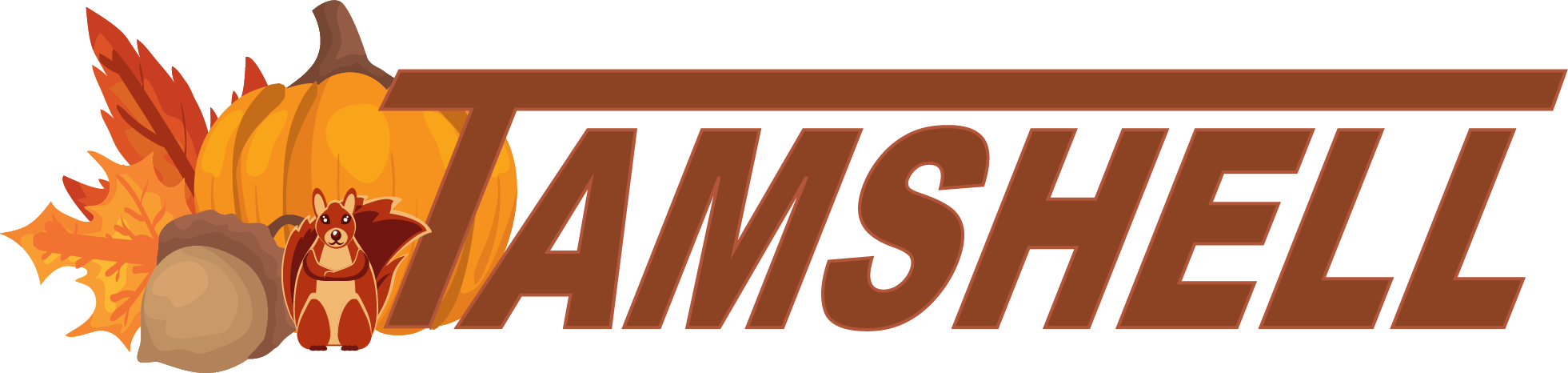 Tamshell logo, fall themed with pumpkin and squirrel