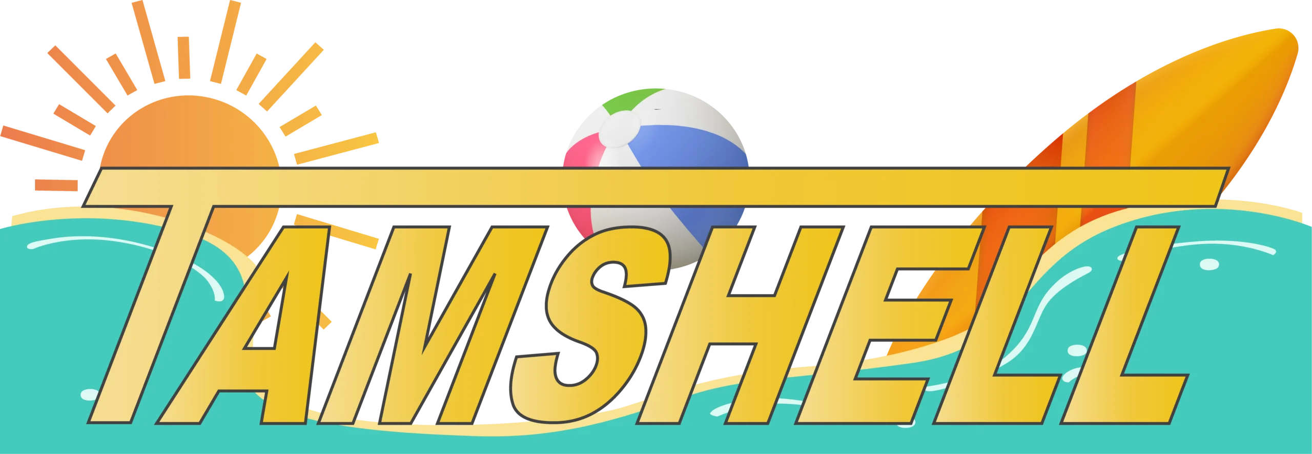 Tamshell logo in front of an ocean with the sun, beach ball and surfboard