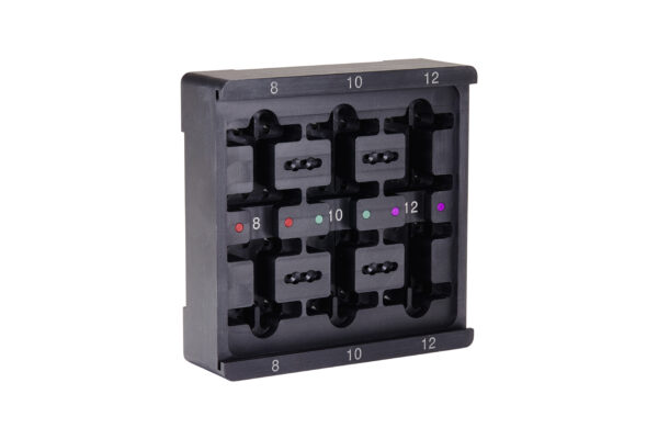 Custom machined medical tray, black, with colorful inserts and numbers etched